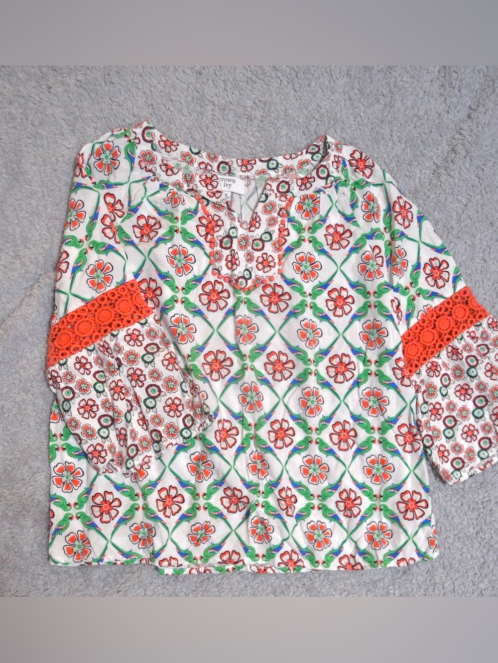 crown & ivy White Blouse with Green Lattice and Coral Floral Print
